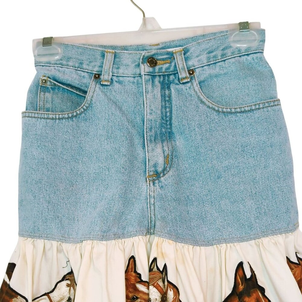 The Limited Upcycled Girls Denim & Cotton Skirt Horse Print Ruffle Hem Size 12 - Picture 4 of 11